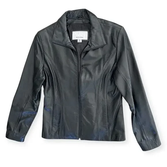Vintage Wilsons Leather Maxima Black Zip Up Leather Moto Biker Jacket Womens M - Picture 2 of 10